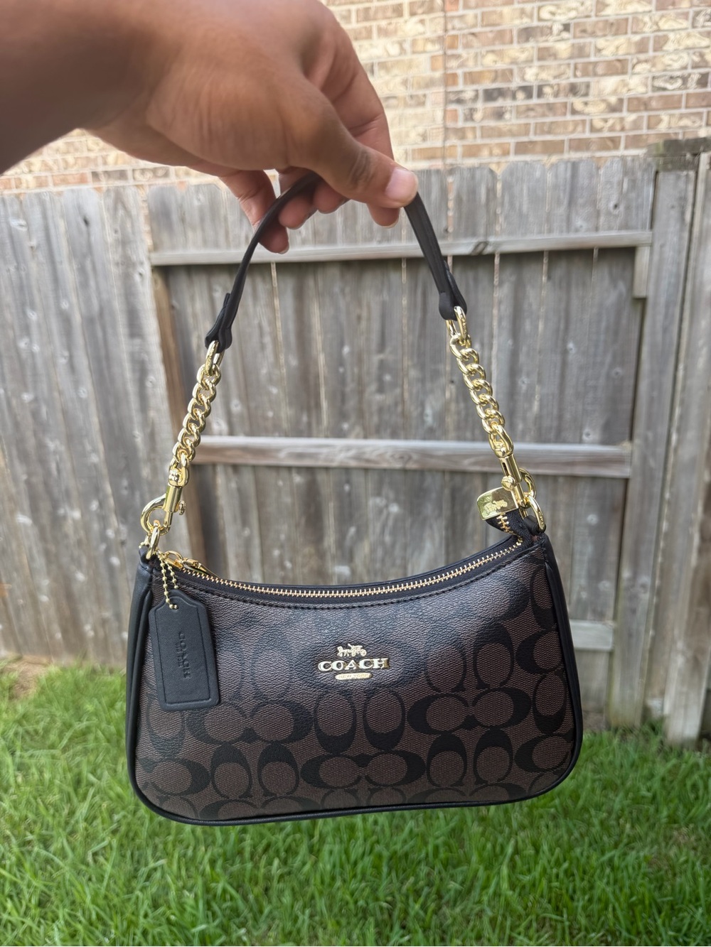 Coach Mini Shoulder Bag in Brown Signature Canvas with Gold Hardware